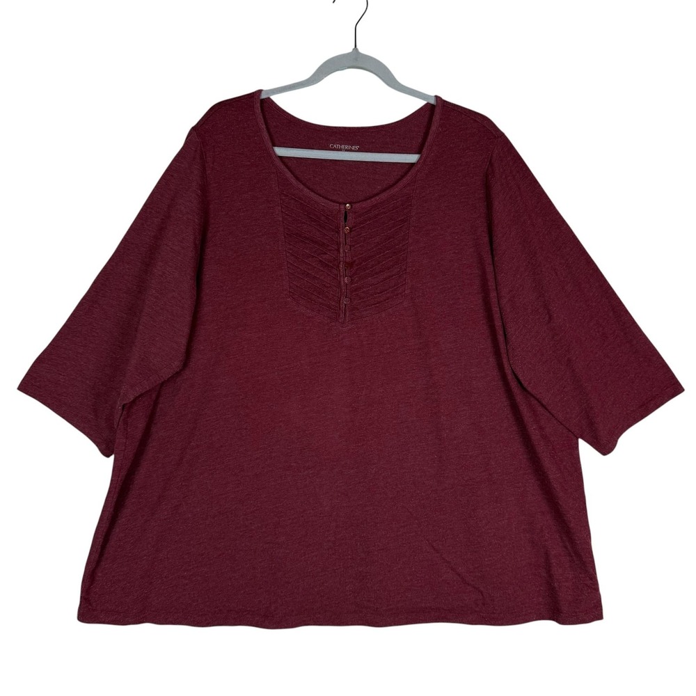Catherines Shirt Womens‎ 2X Red Henley 3/4 Sleeve Jersey Relaxed Tunic Plus Size